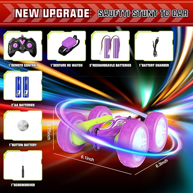 Remote Control Car Toys for Boys & Girls, 4WD Gesture RC Stunt Cars, High Speed RC Truck with Double Sided 360 Flips and Headlights Wheel Lights, Off-Road Stunt Car Toys for Kids 6-12 yr (Purple)