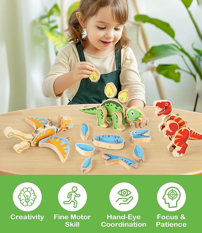 Dinosaur Wooden Toys,Snap on Dino Together Building Blocks,Take Apart Playset, STEM Montessori Educational Fine Motor Skill Learning Birthday Gift for 3 4 5 6+ Years Old Boy Girl Kids