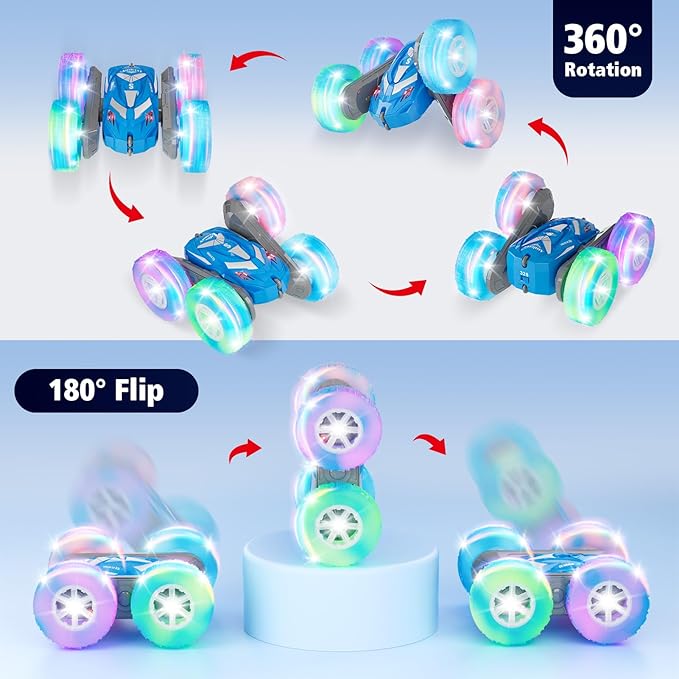 Remote Control Car for Boys 3-12 with Flashing Light, 6 7 8 9 Years Old Boy Toys, RC Cars Stunt 4WD Double Sided 360 Flip, Boy Gift Idea for Kids Birthday Present Christmas Indoor Outdoor Blue