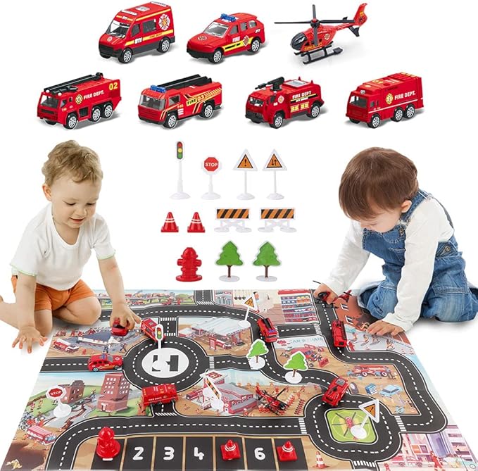 Dwi Dowellin Airplane Toy with Fire Truck Cars and Play Mat,Plane with Lights and Sounds for 3 + Years Old Boys and Girls