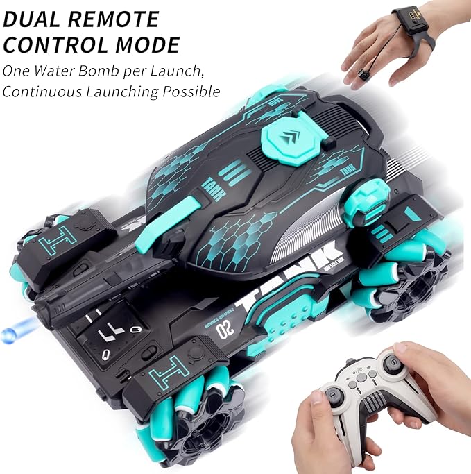 RC Stunt Tank with Light, Watch Gesture Sensor RC Tank Toy, 360 Rotation Remote Control Stunt Car Shooting Water Bullets, Gifts for Children (Black and Cyan)