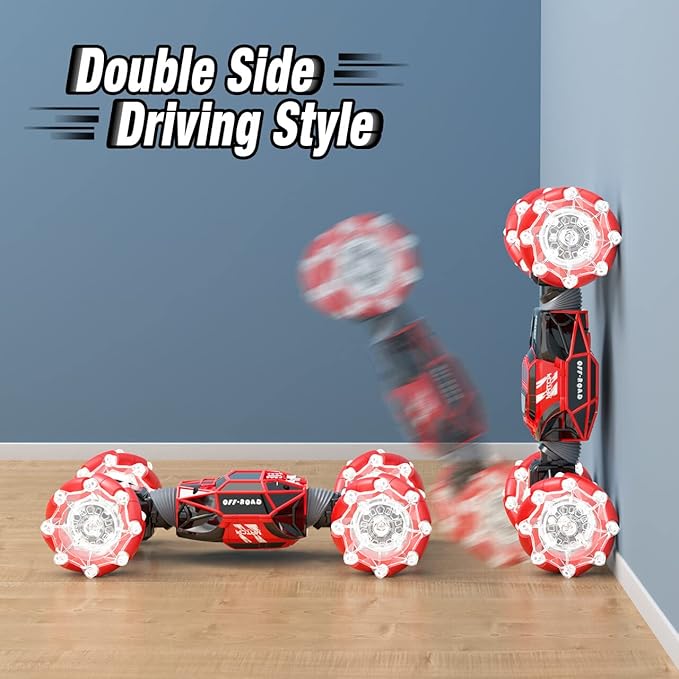 Powerextra Remote Control Car, 4WD 2.4GHz Gesture Sensing Rc Stunt Car, Double Sided 360°Rotating Off Road Car with LED Light & Music, Toy Cars for 6-12 Year Old Boys & Girls - Red