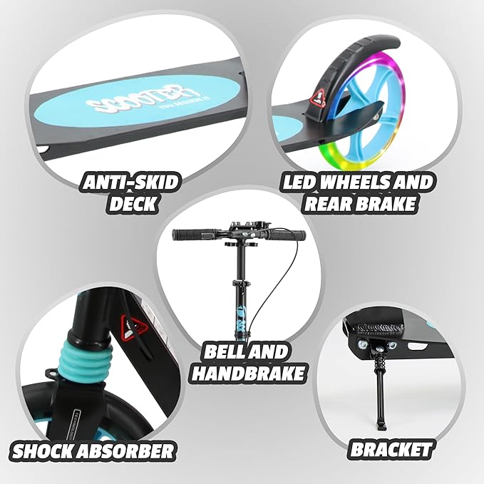 Scooter for Kids Ages 8+ Teens & Adults, Lightweight Kick Scooter with Carry Strap Adjustable Height Equipped with Front handbrake and Rear Brake, Big Sturdy PU Flash Wheels Great Gift & Toy