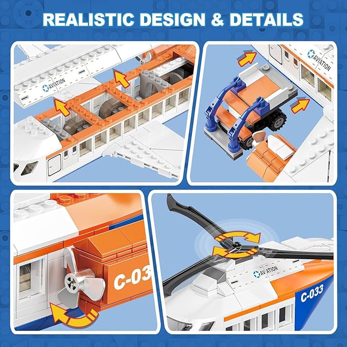 City Passenger Airplane Building Set for Boys, 3 IN 1 Plane Toy Kit with 3 Airport Staff, Helicopter, Terminal, Baggage Truck, Radar Tower, STEM Toy Gift for Kids Girls 6 7 8 9 10+ years old (796 PCS)