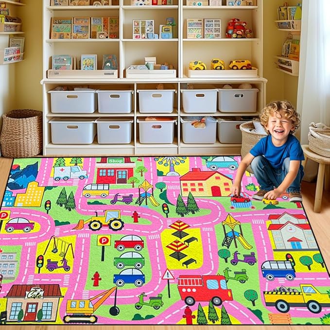 Car Track Rug - Car Rugs for Kids Toy Cars City Life Road Rug Large Kids Play Mat Car Carpet for Boys Girls Playroom Living Room Bedroom Classroom, 5'×7'