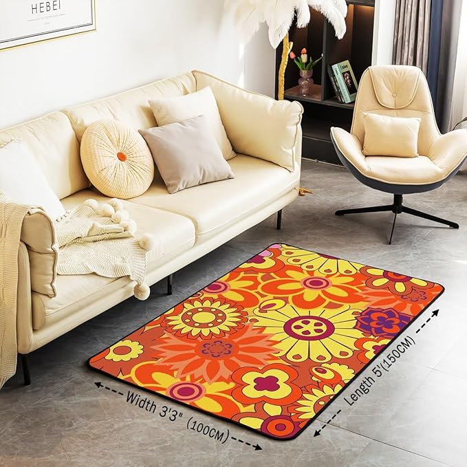 Erosebridal Hippie Boho Area Rug 3x5 70S Retro Groovy Flowers Power Carpet Aesthetic Vintage Floral Decorative Rug for Girls Colorful,Geometric Garden Flower Non Slip Rug for Bedside