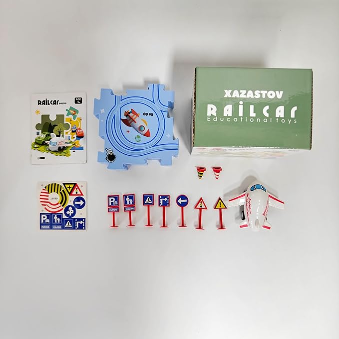 Plastic Floor Puzzles for Kids with Airplane Toy Car, Puzzle Track Car Play Set, Educational Toys for 2 3 4 5 6 Year Old Boys, 2 3 4 5 6 Year Old Boy Birthday Gift, Kids Toys Boys 3-5