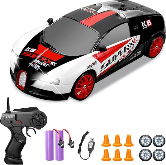 Remote Control Car RC Drift Car 2.4GHz 1:24 Scale 4WD 15KM/H High Speed, Rechargeable High Speed RC Cars with Cool Lights, Batteries and Extra Tires Toys for Kids