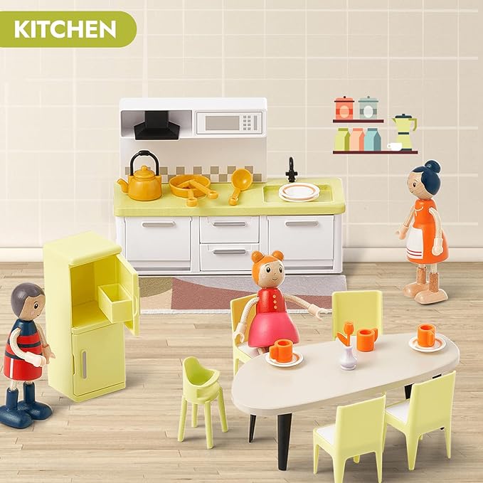 Giant bean 37pcs Green Wooden Plastic Dollhouse Furniture Kitchen and Bathroom Set, Modern Wood Dollhouse Accessories Pretend Play Furniture Toys for Boys Girls Toddlers & Kids 3+
