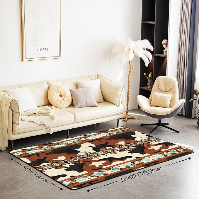 Black Brown Camouflage Area Rug 5x6'6'', Ethnic Tribe Arrow Aztec Rug, African Tribal Camo Printed Non Slip Decorative Rug, Indian Tribal Geometry Exotic Nordic Style Bohemian Carpet for Bedside