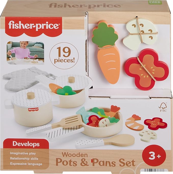 Fisher-Price Wood Kitchen Pretend Play Toy Pots & Pans Set, 19-Piece Playset Wooden, Metal & Fabric for Preschool Kids Ages 3+ Years