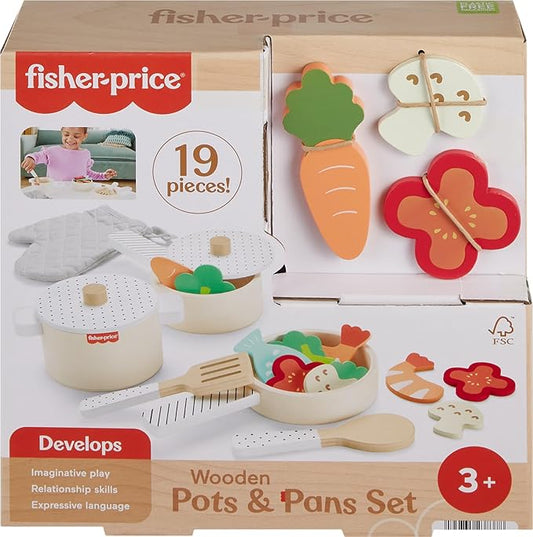 Fisher-Price Wood Kitchen Pretend Play Toy Pots & Pans Set, 19-Piece Playset Wooden, Metal & Fabric for Preschool Kids Ages 3+ Years