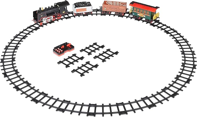 Amazon Basics Remote Control Steam Engine Hobby Train Set with Tender and Gondola and Caboose Smoking, working light and realistic sounds Age 3 or up Perfect for Kids, Multicolor
