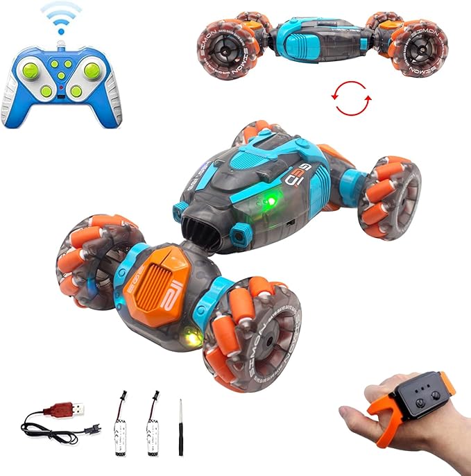 Remote Control Twist Car Gesture Sensing RC Stunt Cars 360°Rotation 4WD Toys Car for Kids Age 7-14 Year Old Transform Car with Lights Music for Boys Girls Birthday Xmas Gifts (Blue/Orange)