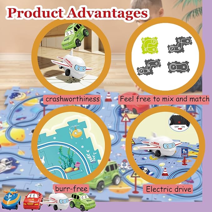 Puzzle Racer Kids Car Track Set Educational Puzzle Track Car Play Set Rail Car Puzzle with Battery-Operated Toy Vehicle & Puzzle Board for Kids Ages 3+ (5PCS, 4 Style)