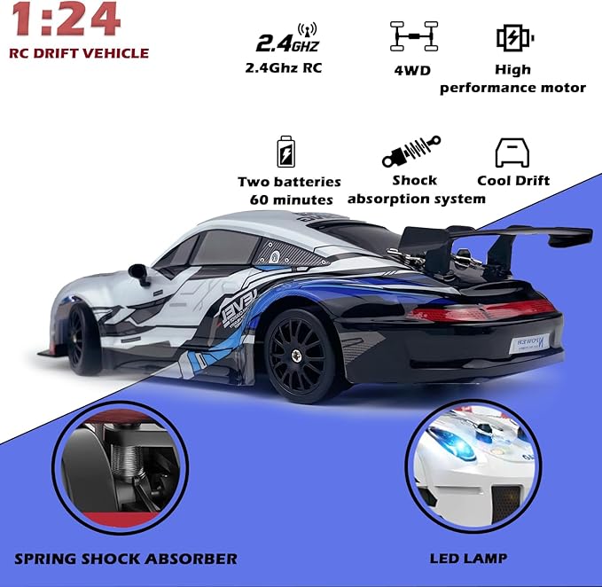 RC Drift Car 2.4GHz 1:24 Scale 4WD High Speed Remote Control Cars Vehicle with LED Lights Two Batteries and Drifting Tires Racing Sport Toy Cars for Adults Boys Girls Kids