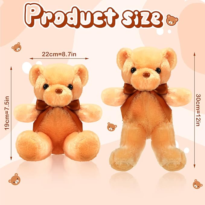 HyDren 6 Pcs Bear Stuffed Animal Plush Toys Soft Plush Dolls Bear Sleeping and Playing Toys for Baby Shower Decoration Boy(Short Plush,Brown)
