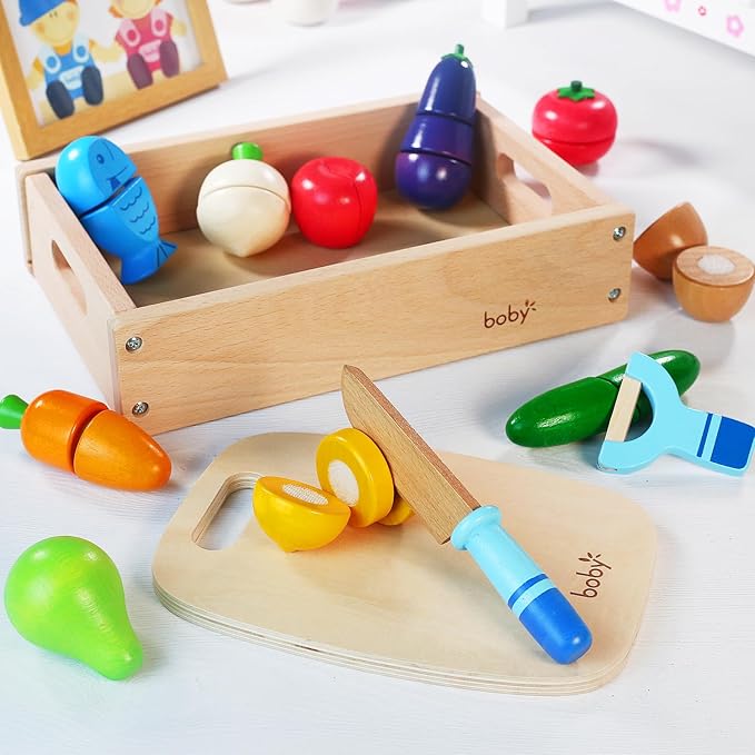 Dailyfunn Wooden Pretend Play Foods Set for Kids Kitchen Montessori Cutting Playset Toys with Storage Box