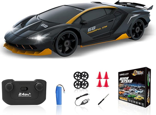 RC Drift Car, 1/24 Remote Control Car 4WD RC Cars for Kids, 2.4GHz Hobby Racing Car Toys Drifting RC Car with LED Light Rechargeable Battery and Drift Tires Toy Cars for Boys Black