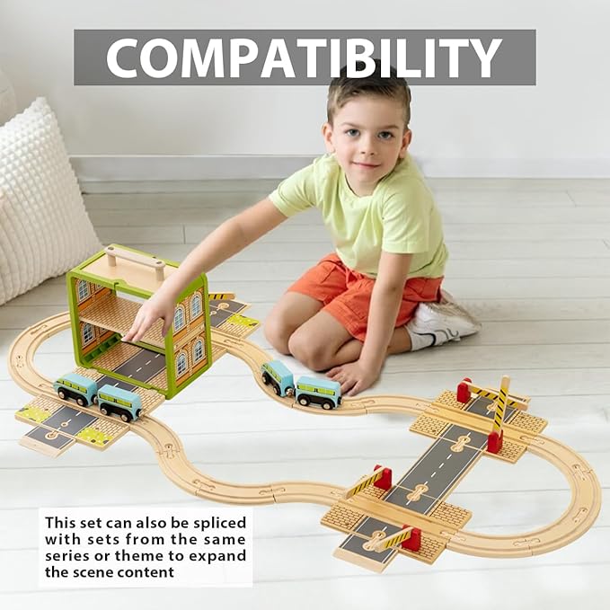 Wooden Train Track Set, Wooden Railway Set Toy with Magnetic Train for Toddlers, Train Set with Blocks Storage Box for Kids Boys and Girls Ages 3+