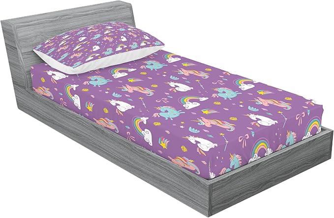 Ambesonne Magic Fitted Sheet & Pillow Sham Set, Unicorn and Rainbow Diamond Wand Pattern Girl Creature Print, Decorative Printed 2 Piece Bedding Decor Set, Twin, Violet