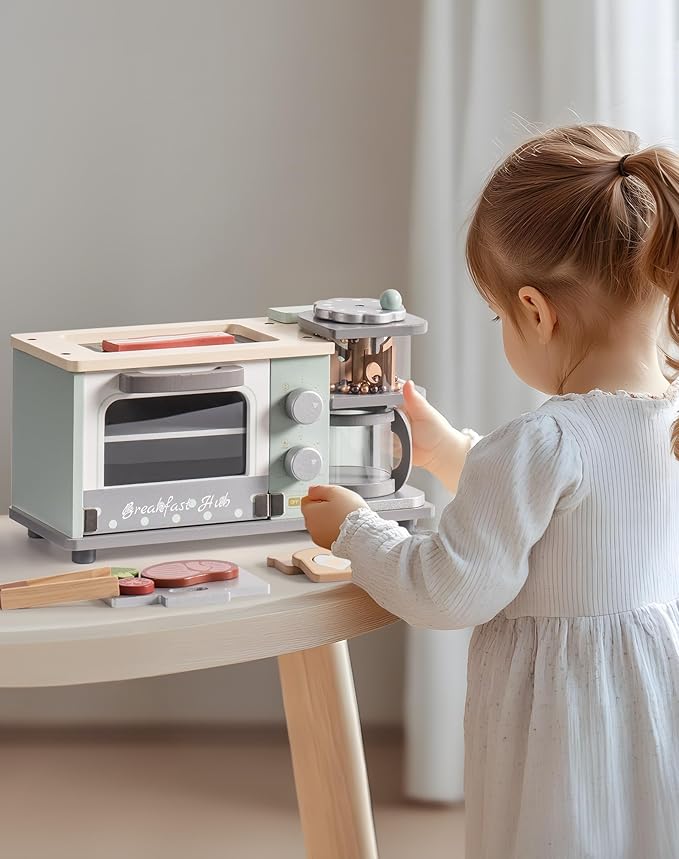 ROBOTIME Play Kitchen Toys Accessories - Wooden Breakfast Machine Kitchen Toy for Kids with Coffee Maker and Pretend Play Food Sets - Kitchen Playset Appliances Toy for Toddlers (Mint Green)