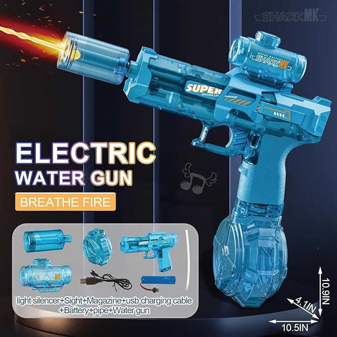 2Pcs Electric Water Gun for Adults Battery Powered Water Gun Electric for Kid with Muzzle Flash Rechargeable Spray Gun Toys Capacity Range Up to 32 FT Beach Toys for Summer Outdoor Pool - Blue Black