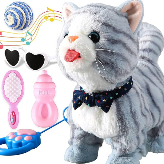 Gray Leash Walking Cat Set Toy Interactive Talking Cat Singing Dancing Kitten Mimicking Repeat What You Say Kitty Touch and Voice Control Nodding Wagging Tail Plush Electric Robot for Kid Girl