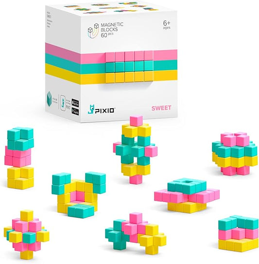 PIXIO Sweet - Tiny Magnetic Blocks Building Toy in The Pixel Art Style with Free App - 5/16" Plastic Cubes with 6 Magnets Inside - Open Ended Toy - Creativity Toy for Ages 6+ - 60pcs