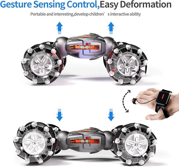 Deejoy 1:12 RC Stunt Car, 2.4GHz 4WD Remote Control Gesture Sensor Toy Cars, Double Sided Rotating Off Road Vehicle 360° Flips with Lights Music, for Boys & Girls Birthday（Black Silver）