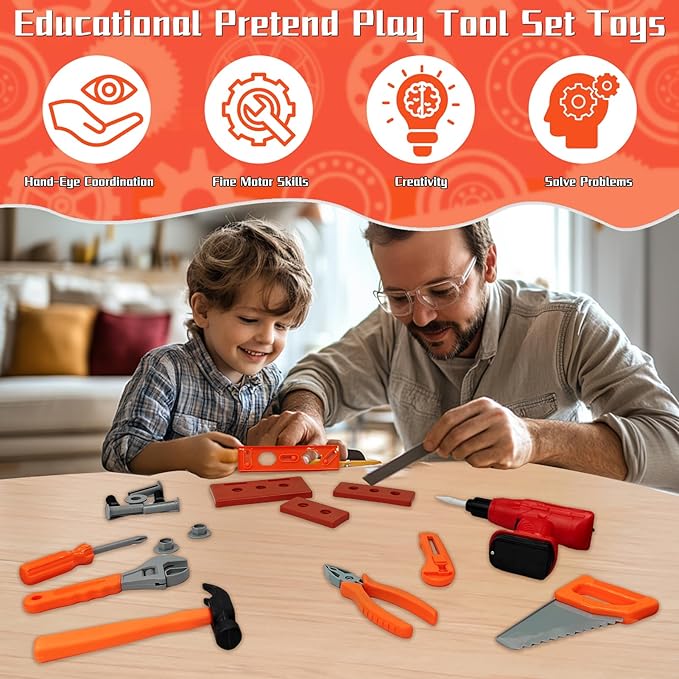 Kids Tool Set 55 PCS Toddler Tool Set with Electronic Toy Drill Pretend Play Construction Toys Kit with Tool Belt Toys Toys for Boys Girls Ages 2 3 4 5 (Orange)
