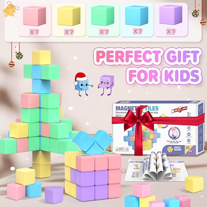 Magnetic Blocks - 35PCS Magnetic Building Blocks for Toddlers 1-3 STEM Magnet Cubes for Kids Ages 2-4, Classroom Must Haves Magnet Toys for Kids Ages 3-5, Christmas Birthday Gifts for Girls & Boys