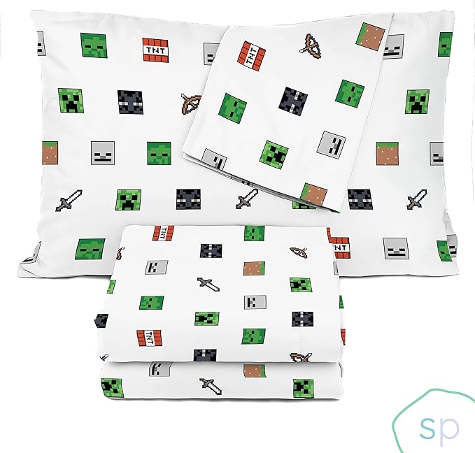 Saturday Park Minecraft Emblematic Queen Sheet Set - 4 Piece 100% Organic Cotton Sheets Features Creeper, Alex & Steve - GOTS & Oeko-TEX Certified (Minecraft Official)