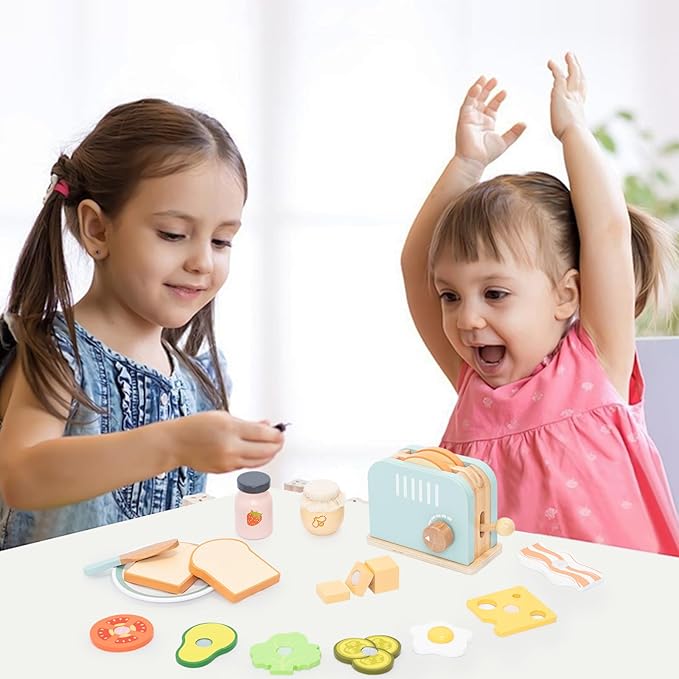 Wooden Pop up Toaster Play Kitchen Set, 17PCS Play Food Accessories for Toddlers Early Learning,Pretend Play Breakfast Playset, Toys Gift for Toddlers Girls & Boys