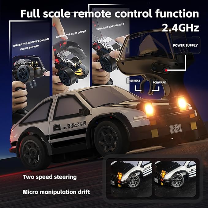 RC Drift Car 1/64 Scale Mini RC, 2.4Ghz Micro Turbo Racing 4WD Desktop Remote Control Rally Car with LED Lights for Adults Kid Toys Gift (AE86)