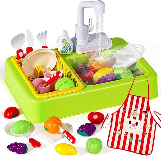Play Sink with Running Water, Toddler Sink Toy with Running Water Kitchen Sink Toys with Apron Water Toys for Toddlers 1-3 Girls Kids Sink Children Electric Dishwasher Play House Pretend Role