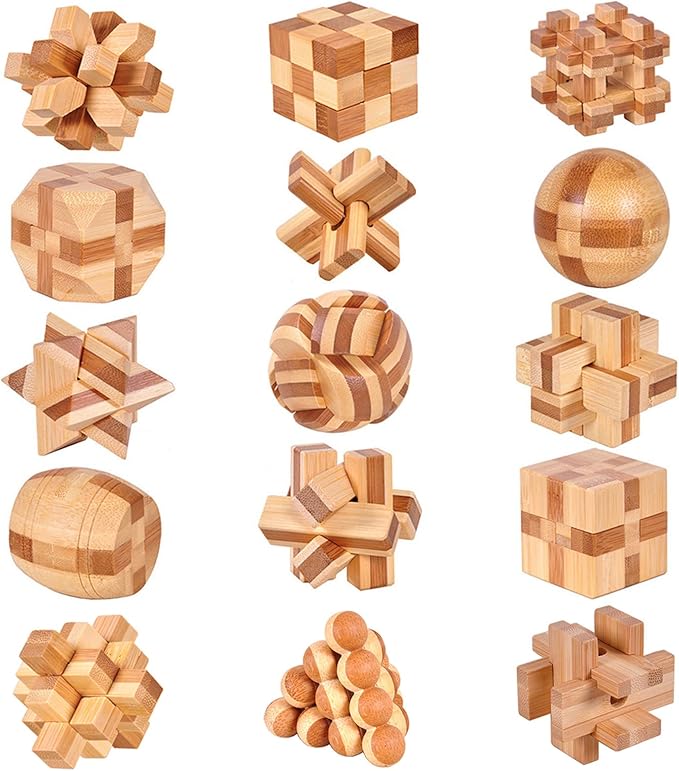 VolksRose 15pcs Wooden Brain Teaser Puzzles, IQ Challenge Puzzle Games, Logic Smart Mind Puzzle Box Lock Toy Removing Assembling 3D Small Puzzle Gift Set for Adults Teenagers Kids, 1.8inch 4.5cm