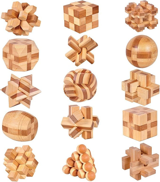 VolksRose 15pcs Wooden Brain Teaser Puzzles, IQ Challenge Puzzle Games, Logic Smart Mind Puzzle Box Lock Toy Removing Assembling 3D Small Puzzle Gift Set for Adults Teenagers Kids, 1.8inch 4.5cm