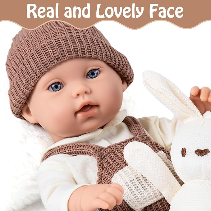 12" Baby Dolls with Carrier Bassinet,Newborn Alive Doll with Accessories and Knit Clothes Includes Pacifier,Bunny Toy,First Baby Doll for Toddlers 3 Ages and Up