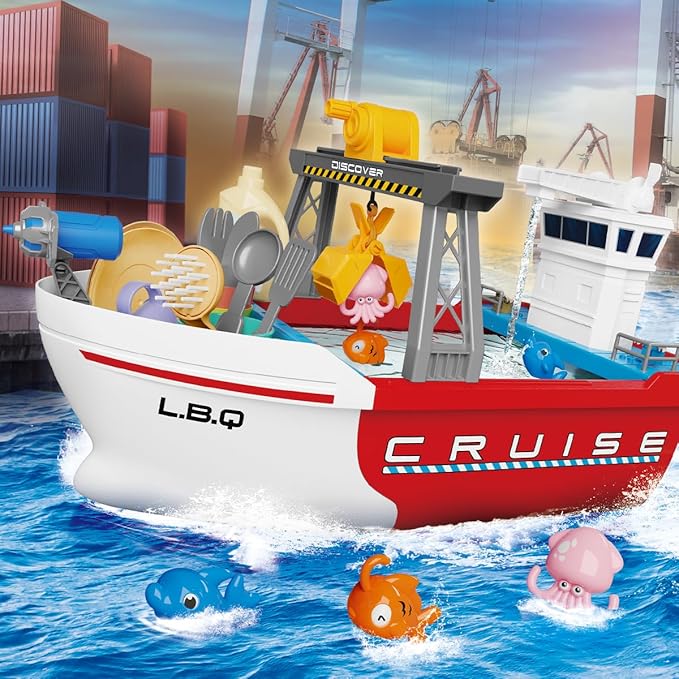 Ship Toy, Toy Boats for Water Play, Kids Bath Toy with Mini Fishes & Tools Dolls, Bathtub Bathroom Pool Beach Toy Set for Toddlers Boys, Toy Boats for Pool