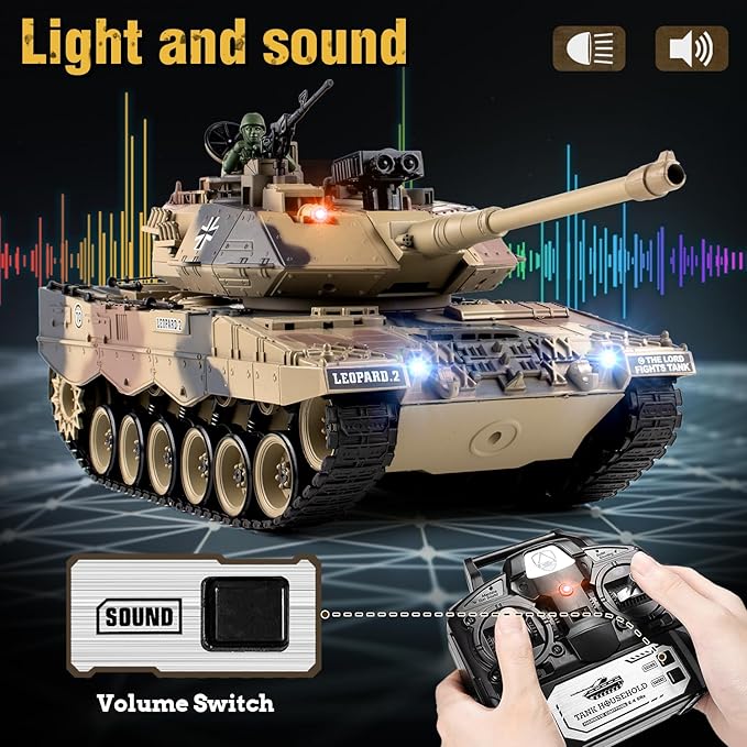 1:18 RC Tank, 2.4Ghz German Leopard II Remote Control Model Toys, RC Vehicle Tank That Shoots BBS and Water Bombs for Adults and Kids, Military Army Toys with Smoke, Lights, Sound and Recoil