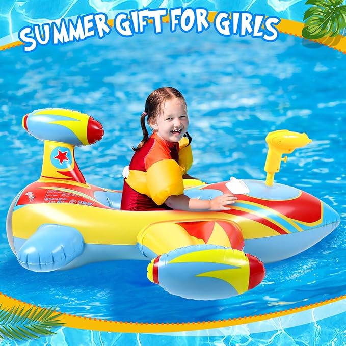 Civaner Inflatable Pool Float Toddler Swimming Float Boat with Water Gun for Kids Blow up Swimming Tube Ride-on Airplane Pool Floaties for Summer Pool Beach Outdoor Party Supplies