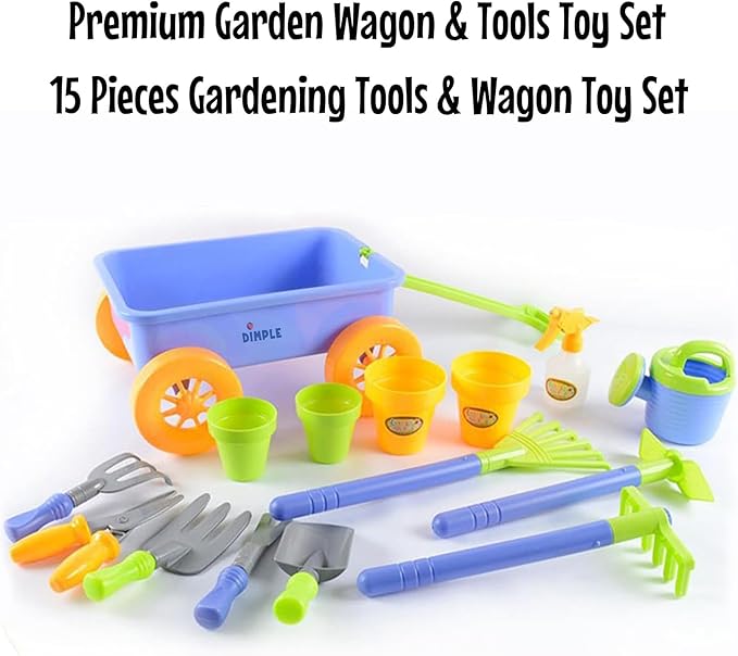 Dimple Garden Wagon & Tools Toy Set Premium 15 Pcs Kids Gardening Tools & Wagon Toy Set - Sturdy & Durable - Top Yd, Beach, Sand, Garden Play Set - Great for Kids & Toddlers