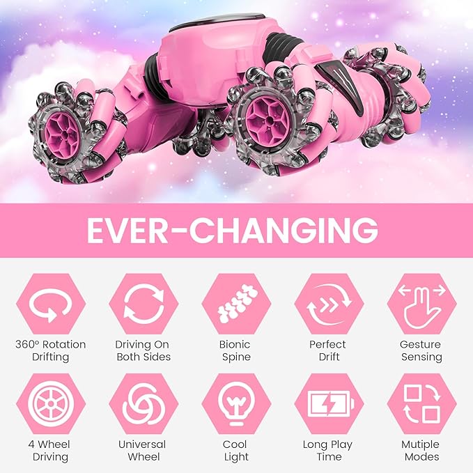 Tecnock Remote Control Car RC Cars for Girls, 2.4GHz 4WD Gesture Sensing RC Stunt Car Toys - 360° Rotating Double Sided Hand Controlled RC Car with Lights, Gifts for Kids, Pink