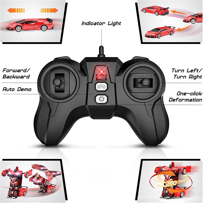 Remote Control Car，Transform Robot RC Cars with Cool LED Headlights, 2.4Ghz Toys Car with 360 Degree Rotation and One-Button Deformation, Christmas Birthday Gifts for Boys Girls(Red)