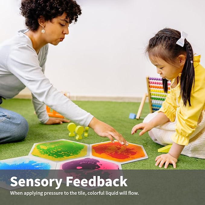 Art3d 6-Tile Hexagon Sensory Floor Tiles for Kids, Toddlers and Children, Colorful Liquid Sensory Activity Mat for Active Play and Decorative