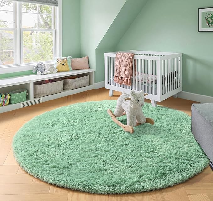 Amdrebio Sage Green Round Rug 4Ft for Bedroom Aesthetic, Fluffy Furry Circle Rugs for Nursery, Classroom, Teen Boys, Baby Kids Room Decor, Cute Shaggy Area Rug for Dorm, Fuzzy Plush Light Mint Carpet