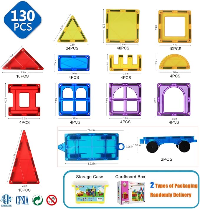 MAGBLOCK Magnetic Tiles Building Blocks 130 Pcs Magnet Tiles for Kids Ages 4-8 Magnetic Toys for Boys and Girls Ages 8-10