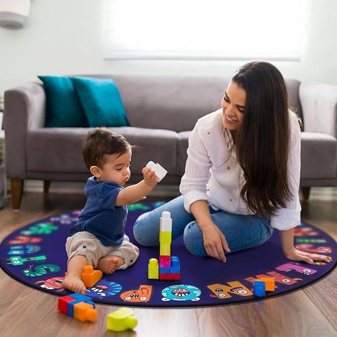 ABC Alphabet Rug for Kids, Classroom Playmat 6ft Non-Slip Circle Rugs for playroom, Round Area Rug for Elementary Classroom, Play Carpet for Boys Girls Bedrooms Playroom,Nursery RugsBlue