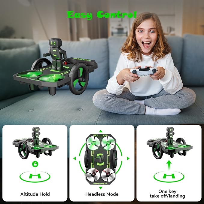 2in1 Remote Control Drone Jumping Flying Car Drones for Kids 8-12 Mini Small Nano Indoor RC Quadcopter Toy with Race on Land Mode,Circle Fly,360 Flip,Altitude Hold,2 Batteries